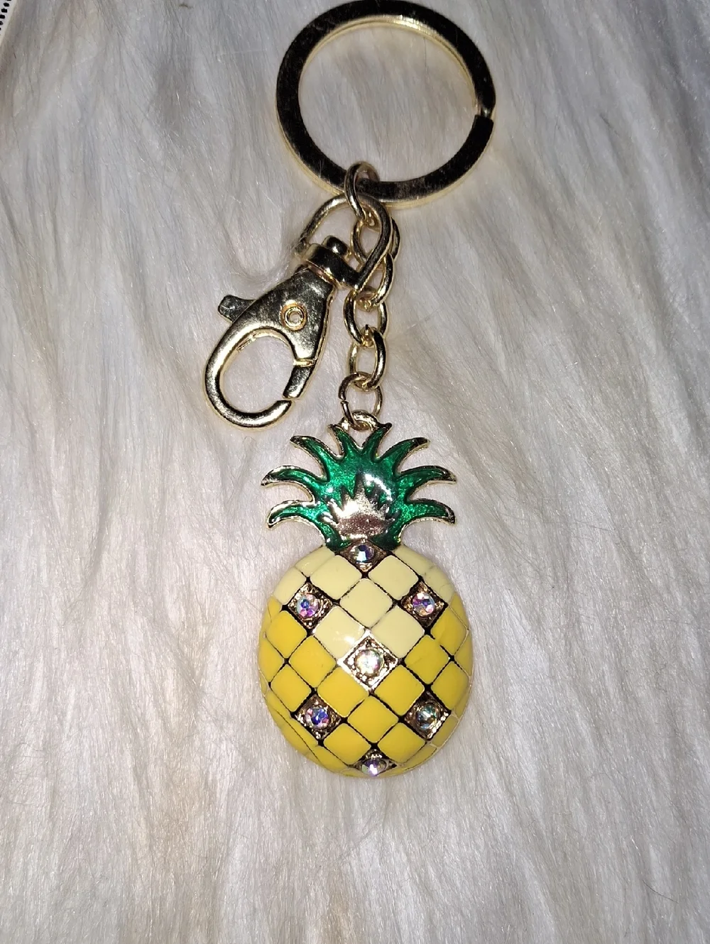 Gold Pineapple Keychain Reversible Enamel Rhinestone